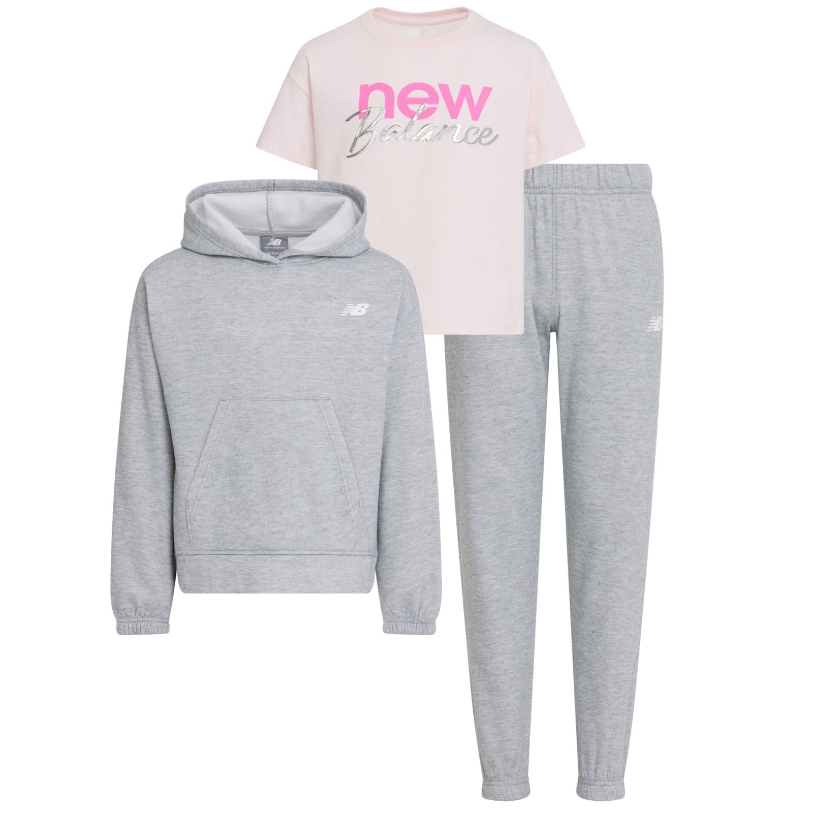 Photo 1 of New Balance Girls 3pc Sweatsuit - Cotton Blend Fleece Activewear Set - Pullover Crewneck Hoodie, T-Shirt, Jogger, (4-12)