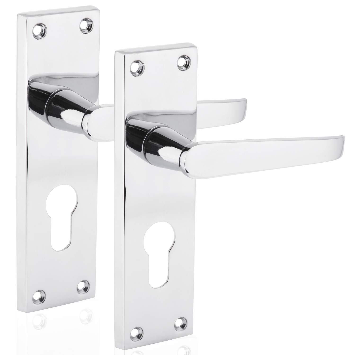 XFORT® Euro Profile Victorian Flat Door Handles in Polished Chrome, Euro Cylinder Lock Door Handle Set, Ideal for All Types of Internal Wooden Doors That Require Key Locking Security [1 Pair]