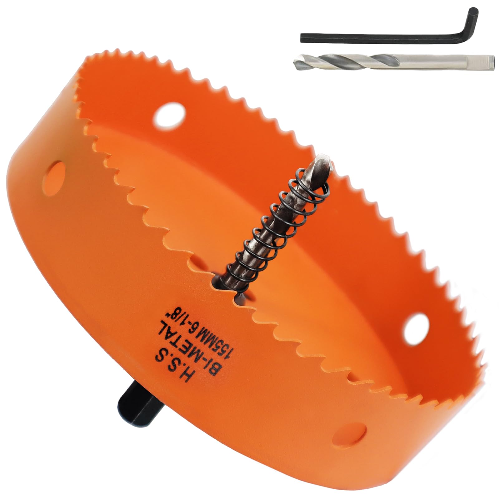 155mm Hole Saw, 6-1/8'' HSS Bi-Metal Hole Cutter with Arbor, Cutting Depth 32 mm, Hole Saw Drill Bit for Cutting Wood, Plywood, Plastic, Drywall, Thin Metal Sheets (with 1 spare drill)