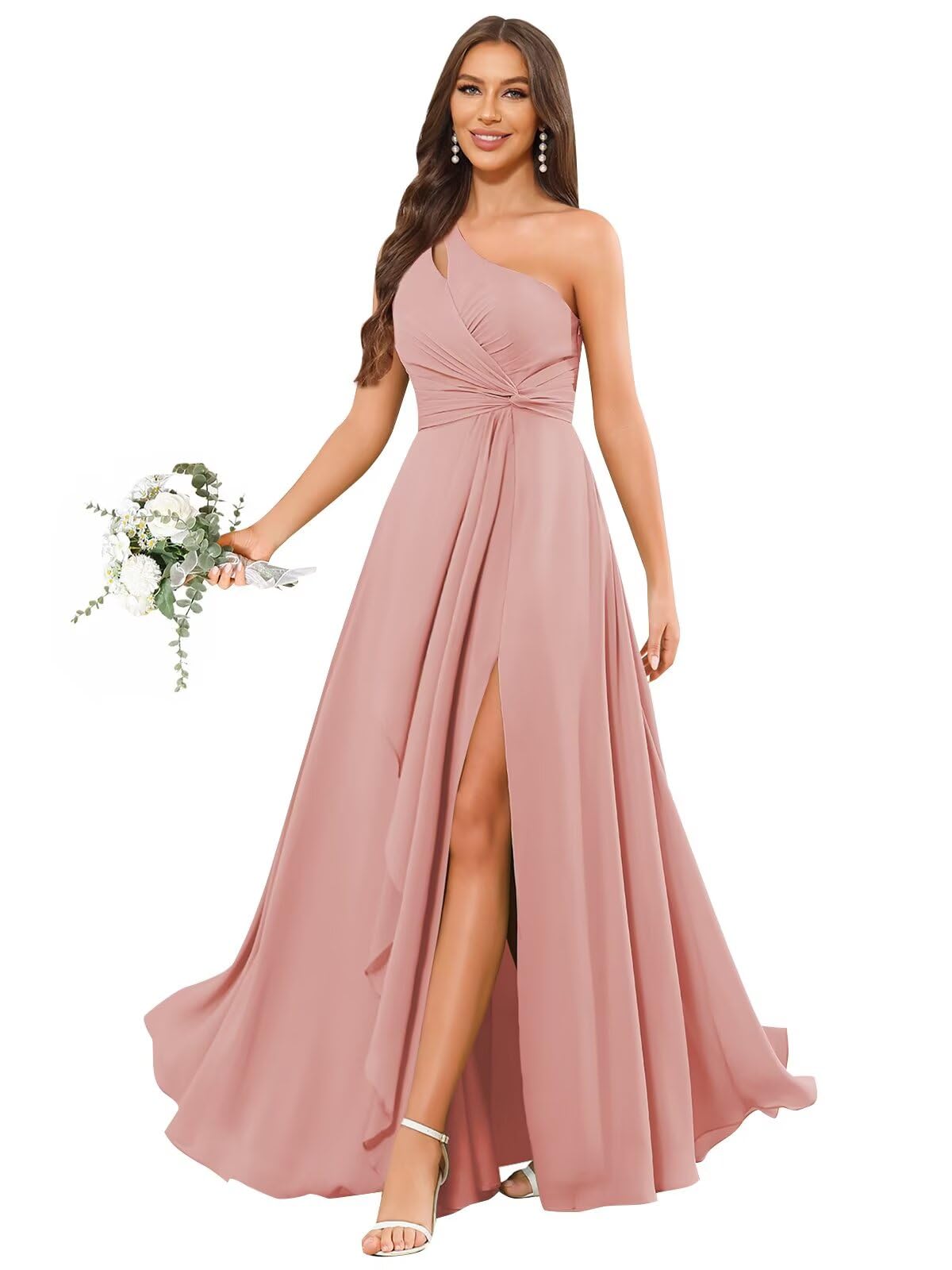 Photo 1 of BANTRATIC Dusty Rose Bridesmaid Dresses with Ruffle Slit Maxi Formal Empire Waist Pleated Wedding Guest Gown Maid of Honor Dress Size 10