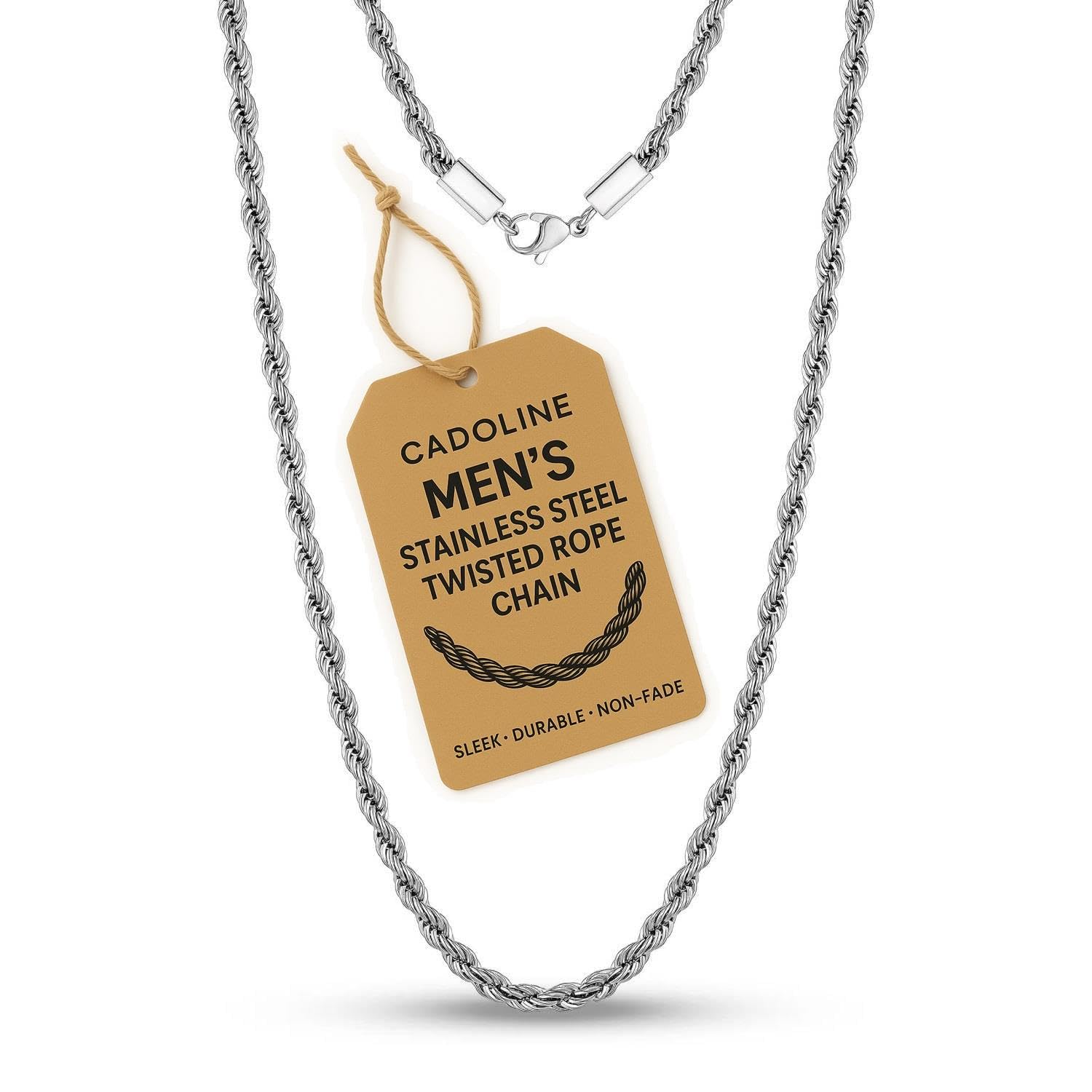 Cadoline Mens Silver Necklace 316L Stainless Steel Jewellery 4mm 18 Inch Knot Rope