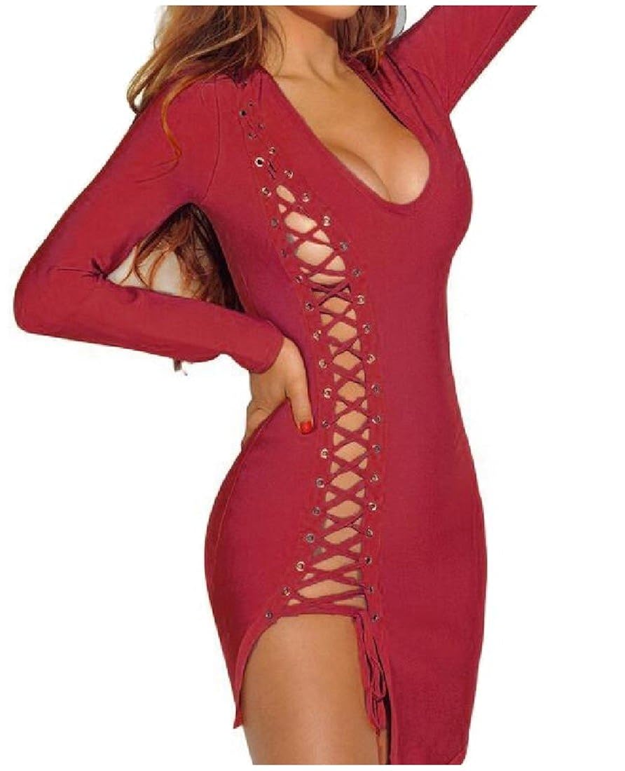 Vivi Women Long Sleeve Bodycon Bandage Side Slit Low Out Mini Dress Fashion Clothing Shoes Jewelry Ceim Cl