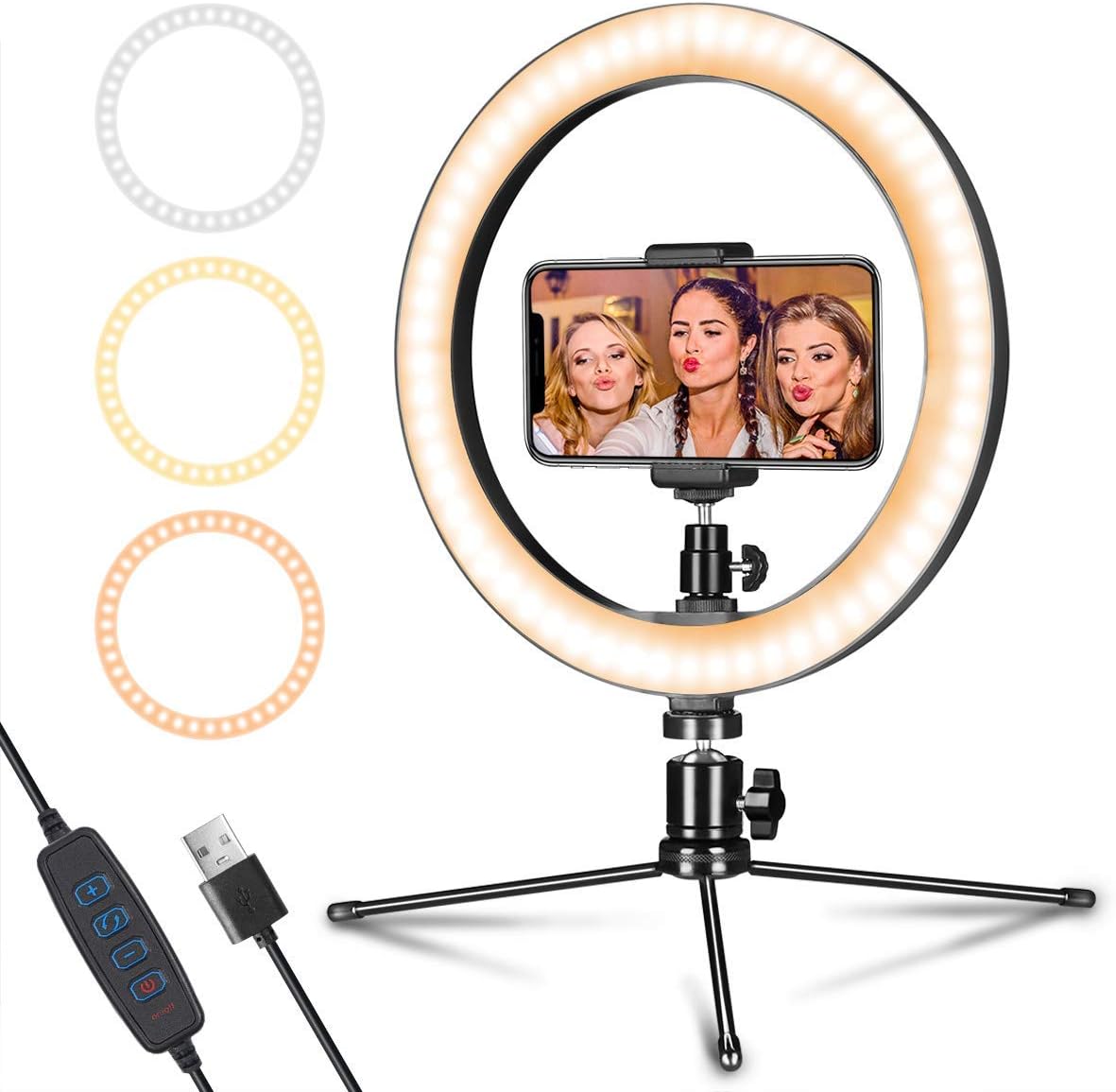 EYUVAA LABEL LED Dimmable Desk Makeup Ring Light 10" with Tripod Stand and Phone Holder for Video, Photography, Shooting with 3 Light Modes and 10 Brightness Level