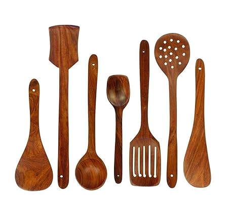 Kundi Handmade Wooden Non-Stick Serving and Cooking Spoon Kitchen Tools Utensil, Set of 7
