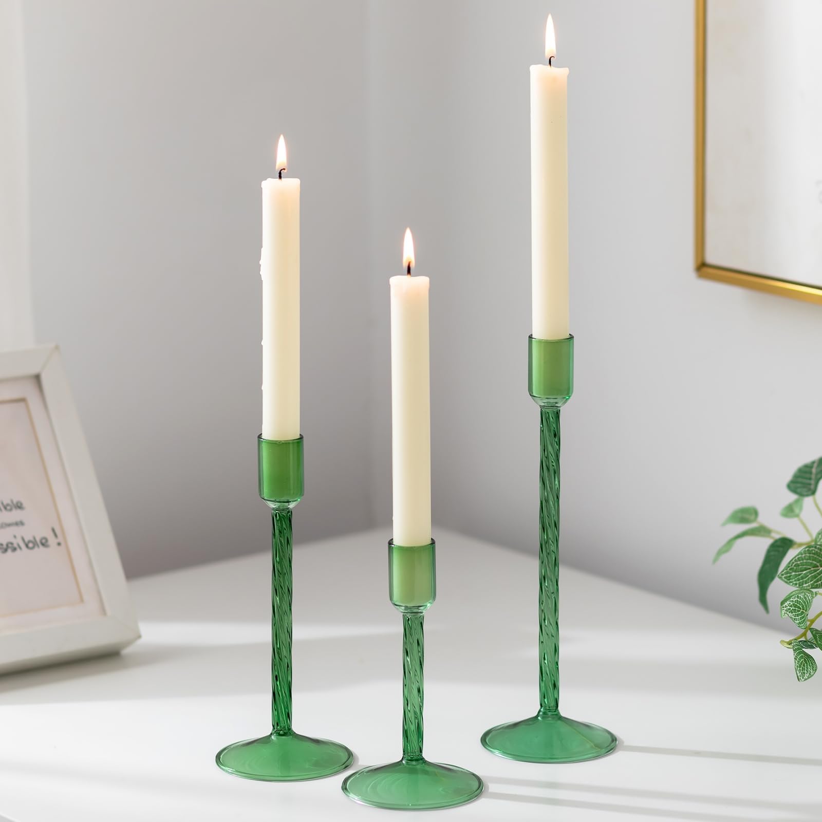 Glasseam Green Glass Candlestick Holders: Set of 3 Tall Candle Sticks Holder Decorative Taper Candle Holder for Home Decor Modern Candle Holders for Candlestick Candles Christmas Table Decorations