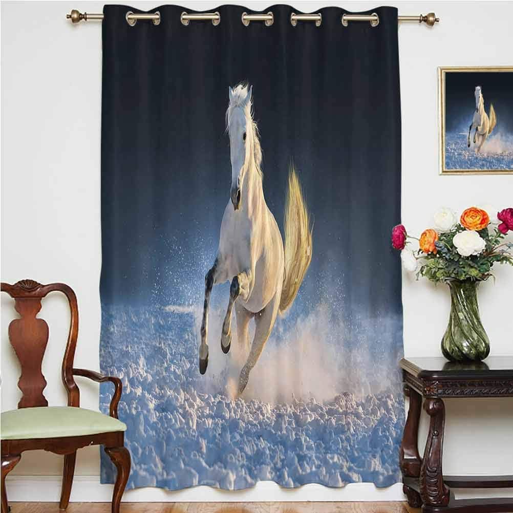 Horse Decor Shading Curtains White Purebred Horse Galloping in Snow