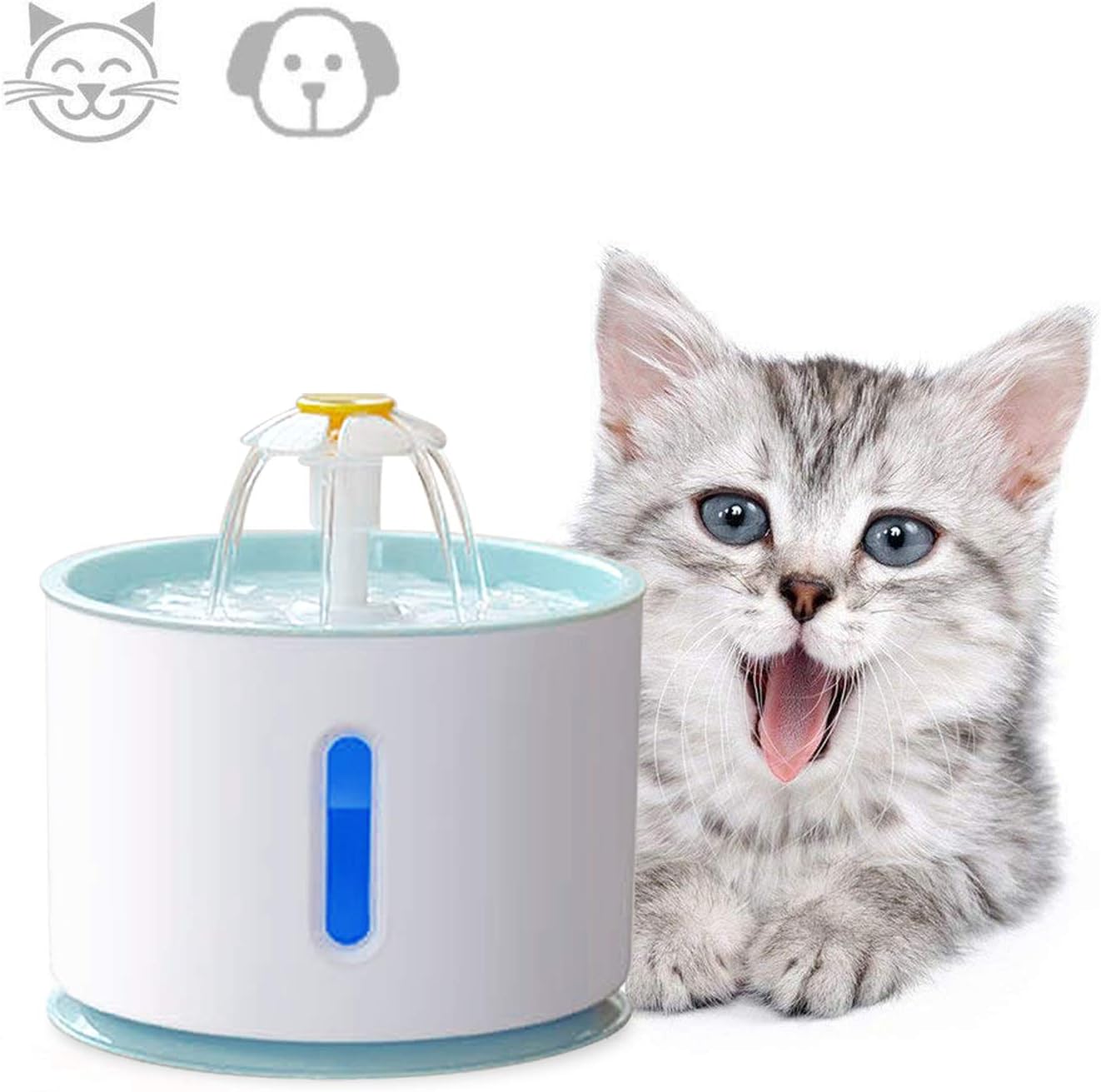 ADOV Pet Water Fountain, 2.4L Indoor and Outdoor Automatic Electric Cat Drinking Water Dispenser Portable Hygienic Replaceable Filter Flower Style Water Bowl for Cats, Dogs and Small Animals – Blue
