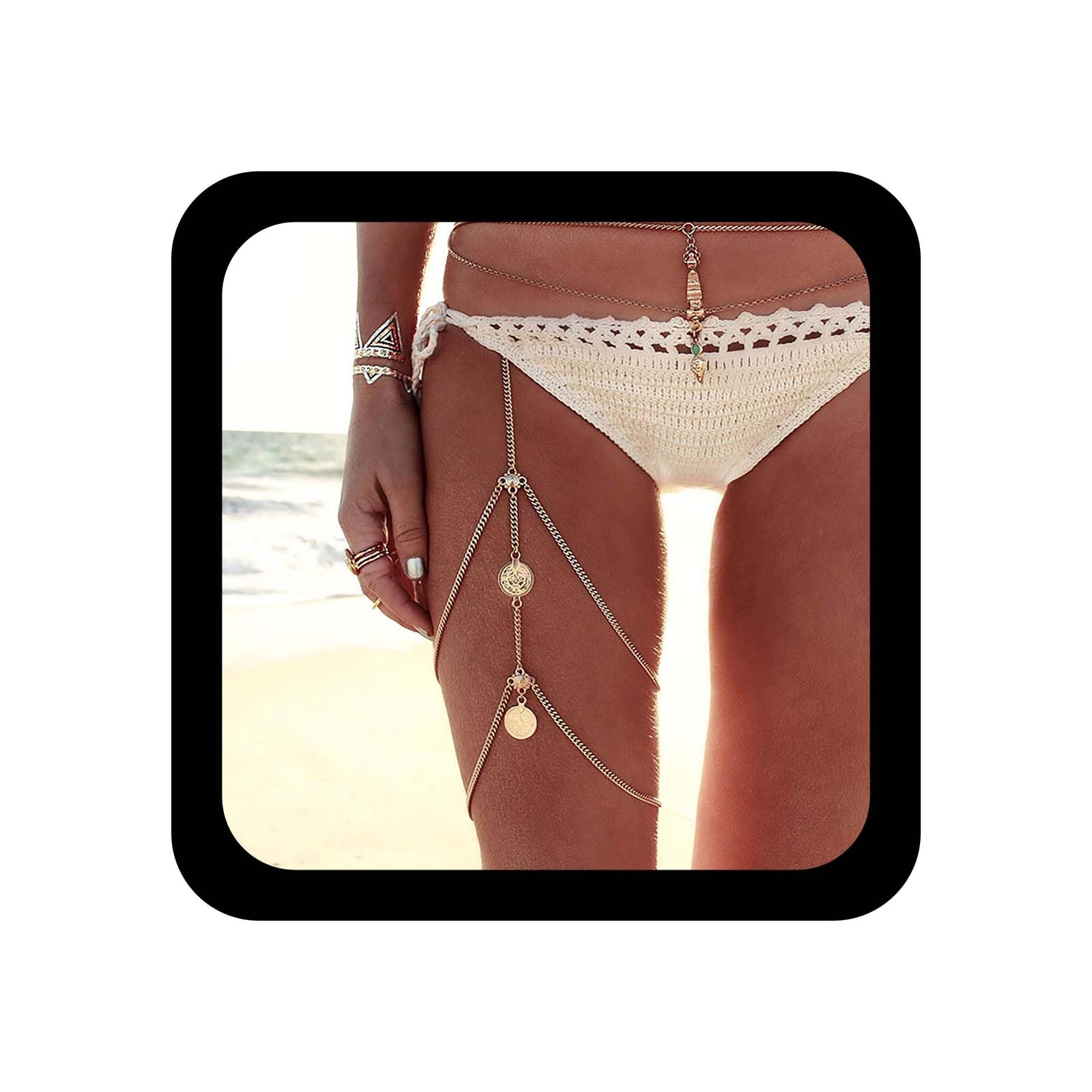 TseenYi Boho Elastic Thigh Leg Chain Layered Thigh Chain Chain Tassel Disc Leg Chains Summer Beach Jewelry for Women and Girls（Gold 1 Pcs)