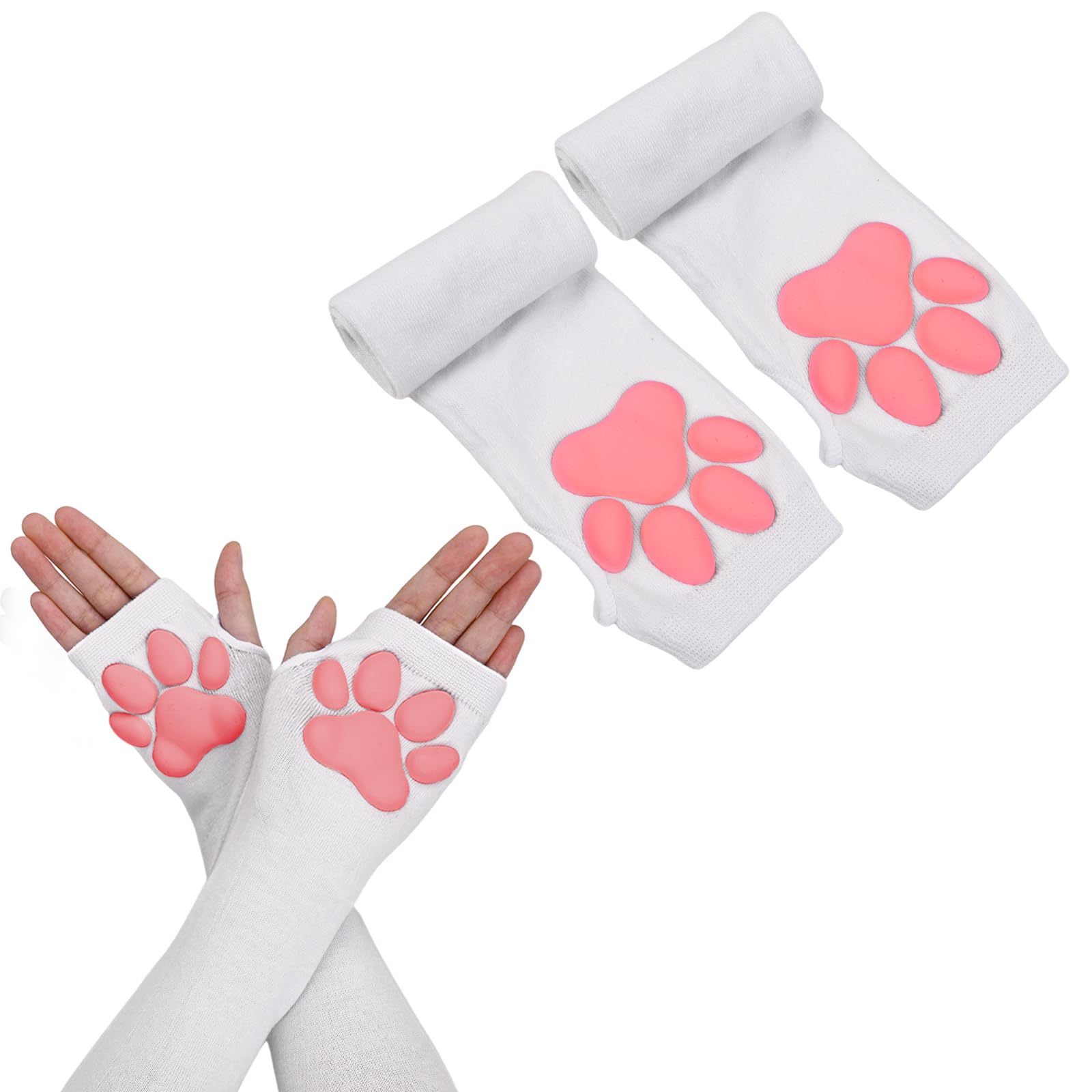 SGQTZDZQ Cat Paw Gloves,Therian Paw Fingerless Gloves,3D Cat Claw Mittens (White)