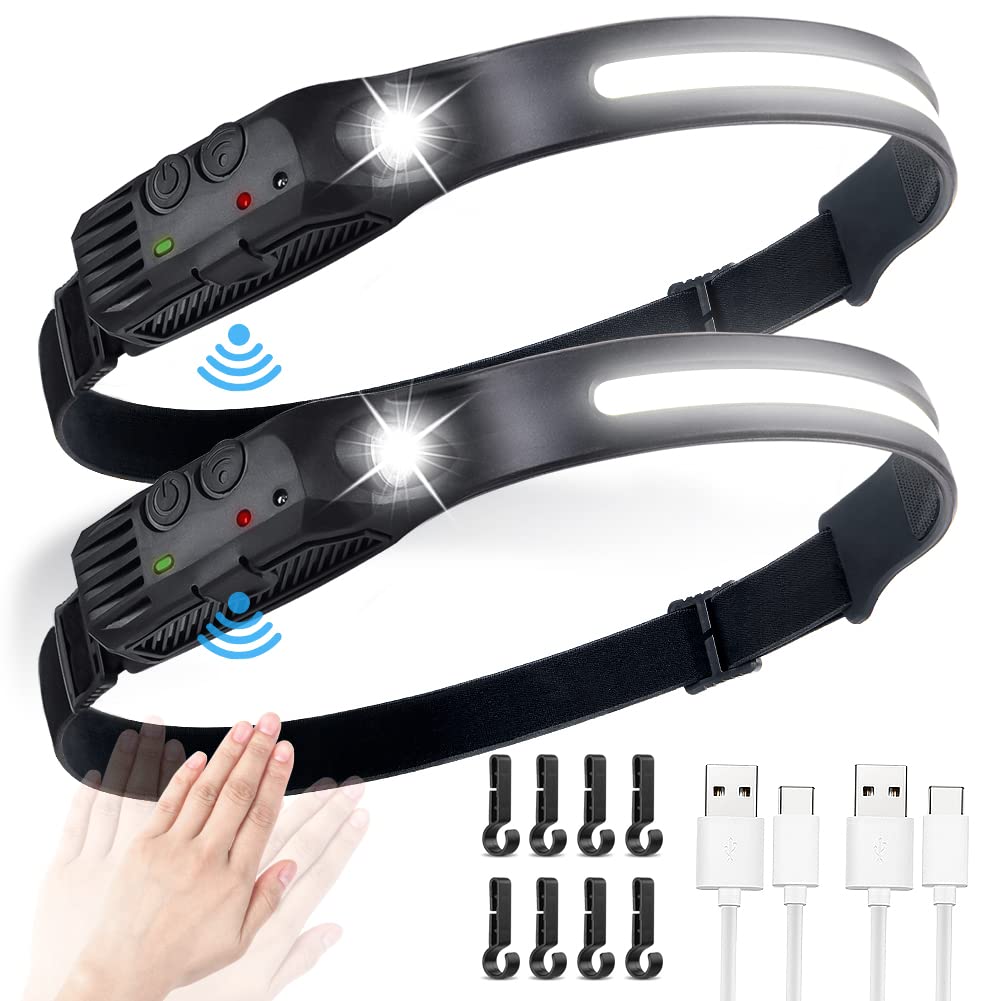 flintronic 2 PCS Led Headlamp USB Rechargeable,5 Modes 600 Lumens COB Headlight, IPX4 230°Wide-Angle Waterproof Lightweight Head Torch with Motion Sensor for Running, Hiking, Fishing Emergency 6 Hours