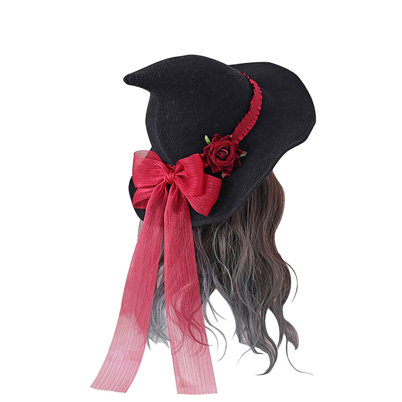 TINAYAUE Dark Novel Gothic Black Knitted Witch Hat with Rose Flower Bowknot for Women Girls Wide Brim Pointed Modern Wizard Cap Halloween Cosplay Carnival Fancy Dress Party Christmas Costume Headgear