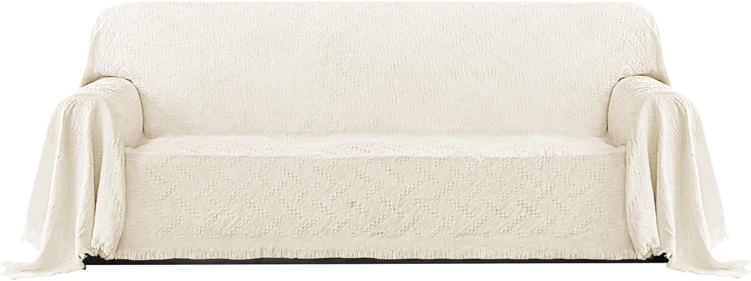 Slipcovers - PureFit Geometric Jacquard Throw Sofa Cover - Textured Soft Washable Decorative Couch Covers for 3 Cushion with Tassels Furniture Protector for Pets, Kids (X-Large, Ivory)