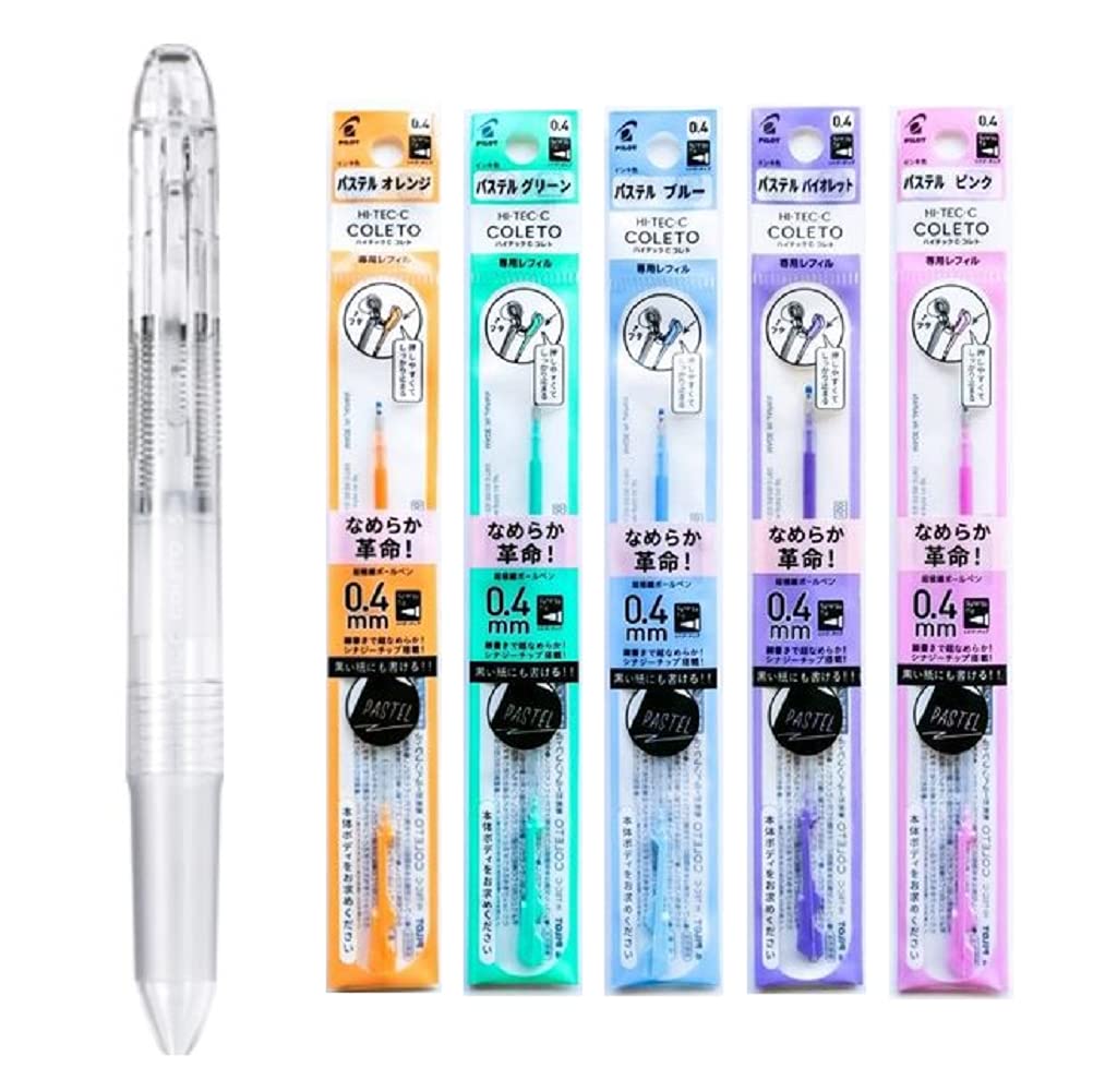 Pilot Hi-Tec-C Coleto Gel Ink Pen 0.4mm 5-In-1 Transparent Body & 5 Pastel Color Refills Set With Original Stylus Ballpoint Touch Pen
