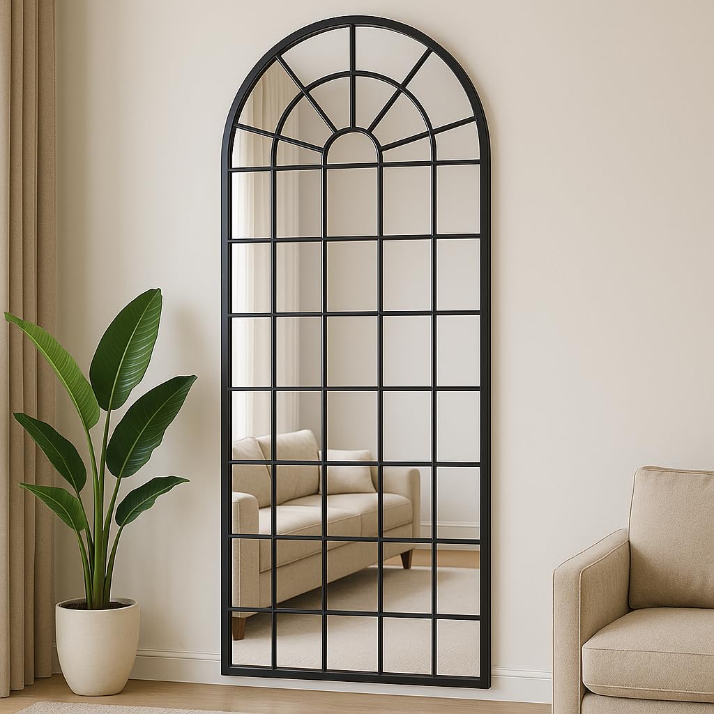 Photo 1 of 70x30 Inch Black Arched Windowpane Farmhouse Mirror for Entryway, Living & Dining Room | Large Full Length Wallmount Art Decor | Arch Wall Mirror for Hallway | Espejos Grandes para Sala Elegantes