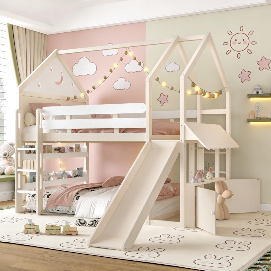 Photo 1 of *** BOXONE ONLY ***Bellemave Bunk beds Full Over Full with Slide and Stair and Bookshelf Playful Design, Low bunk/loft Bed for Kids?Beige