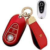 SANRILY Full Protection Soft TPU Golden-Edge Smart Key Cover for Mercedes Benz S-Class W223/New S580, G-Class E-Class 2022 2021 Keyless Mercedes Key Fob Cover with Leather Keychain Red