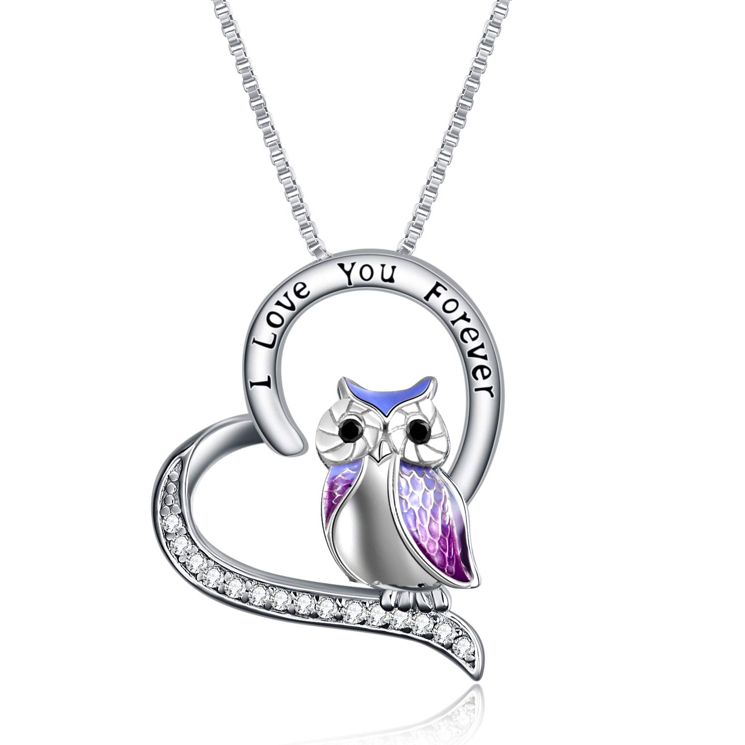 YFN Owl Necklace Sterling Silver I Love You Forever Heart Owl Gifts for Women Girls (Purple Owl Necklace)