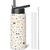 Sabobo 18oz Cats Water Bottles with Flip Straw & Spout Lid, Double Wall Stainless Steel Travel Sport Bottle, Cream Gym Gifts for Women Men (1PC)