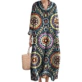 Akivide Women's V Neck Boho Floral Linen Maxi Dress Casual Plus Size Long Sleeve Beach Vacation Tunic Dresses with Pockets