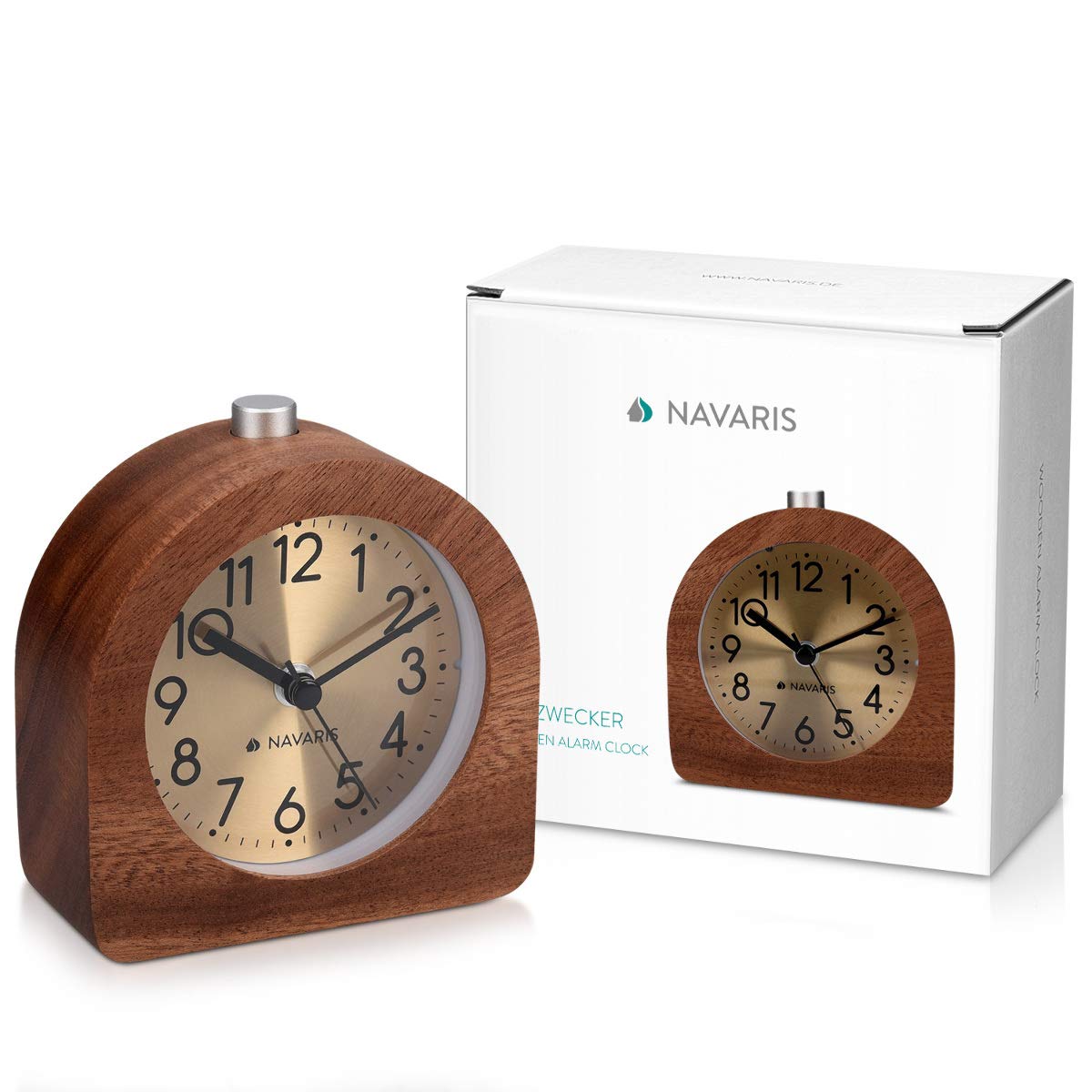 Navaris Wooden Alarm Clock with Analog Snooze - Retro Clock Light Alarm Scale - Quiet Vintage Table Clock Semicircle - Dark Brown