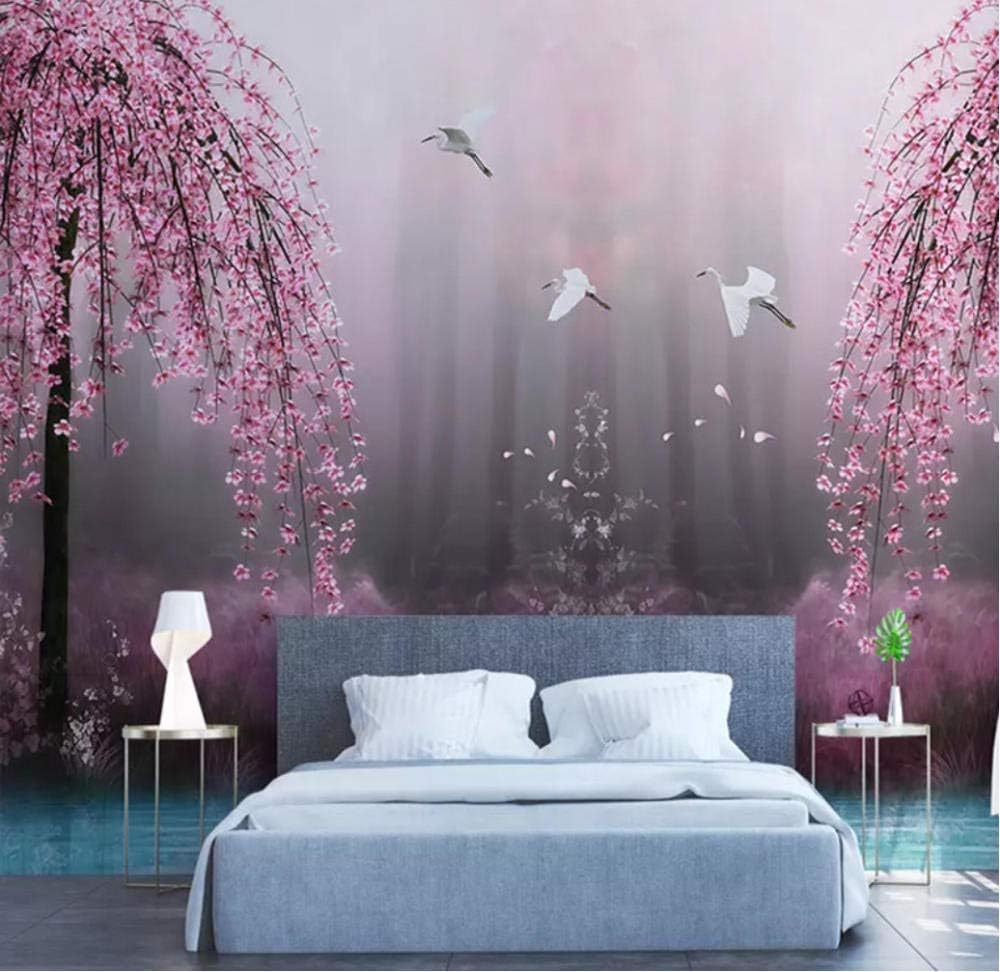 QAQB Murals Wallpaper 3D Pink Cherry Blossom Swan Lake Scenery Photo Wall Papers Living Room Tv Sofa Bedroom Background Wall