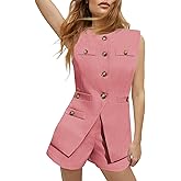 Tankaneo Womens 2 Piece Outfits Casual Suit Sets Sleeveless Button Down Blazer Vest Shorts Office Business Matching Set