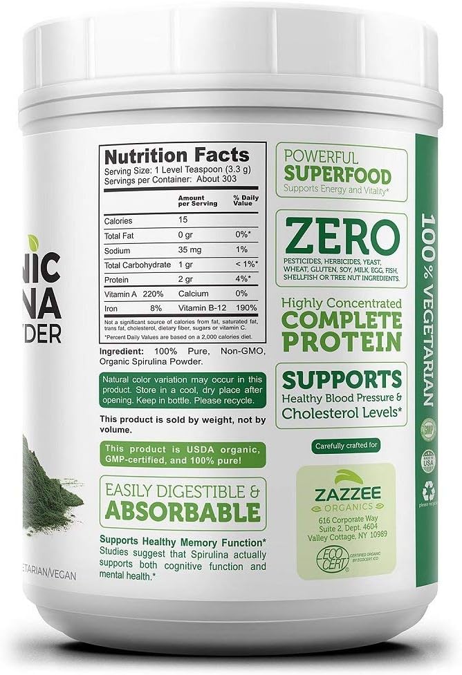 Zazzee USDA Organic Spirulina Powder 2.2 Pounds (1 KG), 303 Servings, 100% Pure and Non-Irradiated, Vegan, All-Natural, and Non-GMO, Mess-Free Wide Mouth Container, Fresh Smell and Neutral Taste: Health & Personal Care