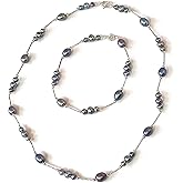Japanese Pearls Pierre Lorren SOLID Silver 925 Lusterous AAA Grade Natural Freshwater Pearl Jewelry SET Baroque HANDMADE Silk strung for her Birthday (Natural Tahitian Pearl Necklace Bracelet SET)