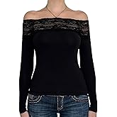 Sup-Coente Gothic T Shirts for Women Goth Black Long Sleeve Off The Shoulder Y2k