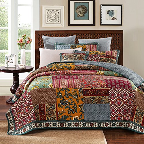 DaDa Bedding Collection Reversible Bohemian Real Patchwork 100% Cotton Dark Elegance 3-Piece Floral Quilt Cover Set, King
