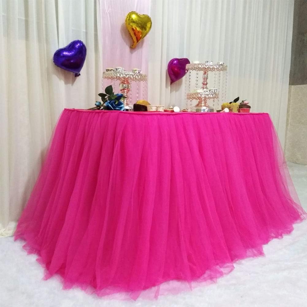 Aibelly Tutu Tulle Table Skirt 3 Layer Mesh Fluffy Handmade Tableware Tablecloth For Christmas Wedding Baby Shower Wedding Birthday Party Home Decoration Table Skirting (L 6(ft) H 30in Rose Red)