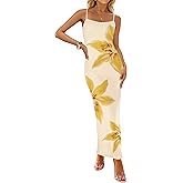ZESICA Women’s Summer Bodycon Maxi Dresses 2026 Floral Spaghetti Strap Square Neck Sleeveless Boho Beach Long Dresses