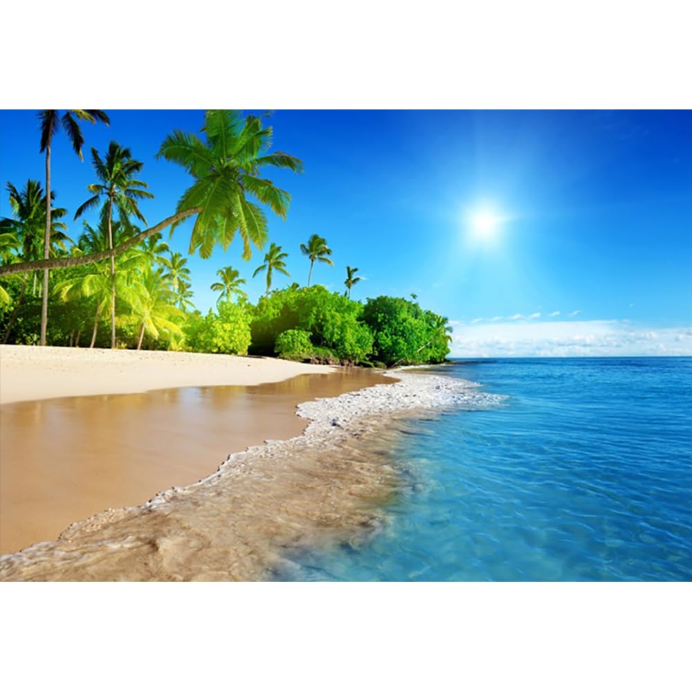 YongFoto 3x2m Vinyl Beach Photo Backdrop Seaside Landscape Blue Sky White Clouds Palm Tree Beach Backdrop for Photography Party Luau Scene Setters Personal Portrait Photo Background Studio Props