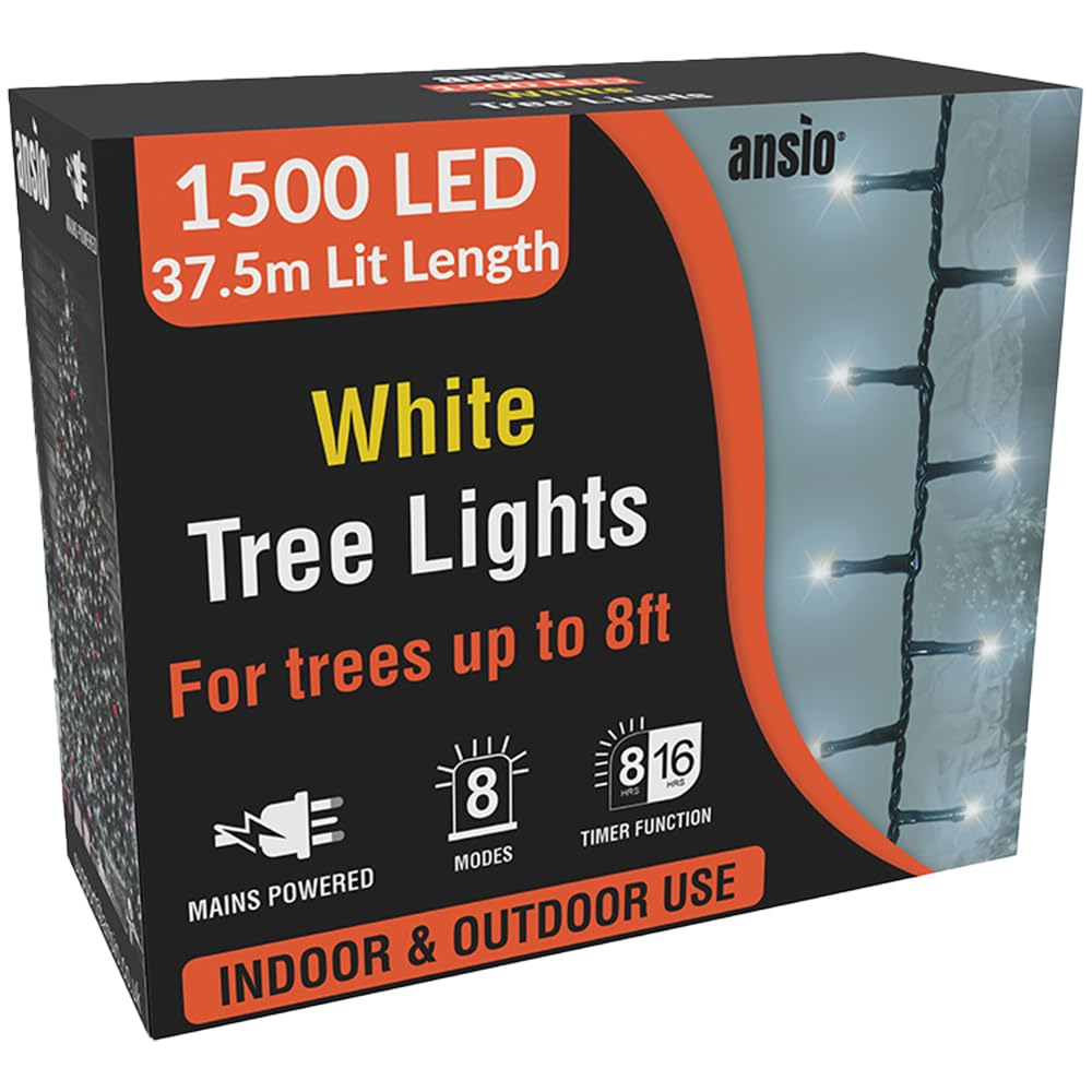 ANSIO® Christmas Tree Lights 1500 LED 37.5m/123ft - Cool White Cluster Compact Lights for Indoor & Outdoor Decorations Fairy Lights with Timer for Xmas Garden & Party | Mains Powered Green Cable