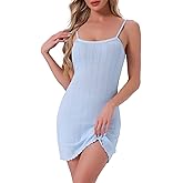 cheibear Womens Nightgown Spaghetti Strap Sleeveless Ruffle Hem Sleep Dress Pointelle Lingerie Mini Nightshirt