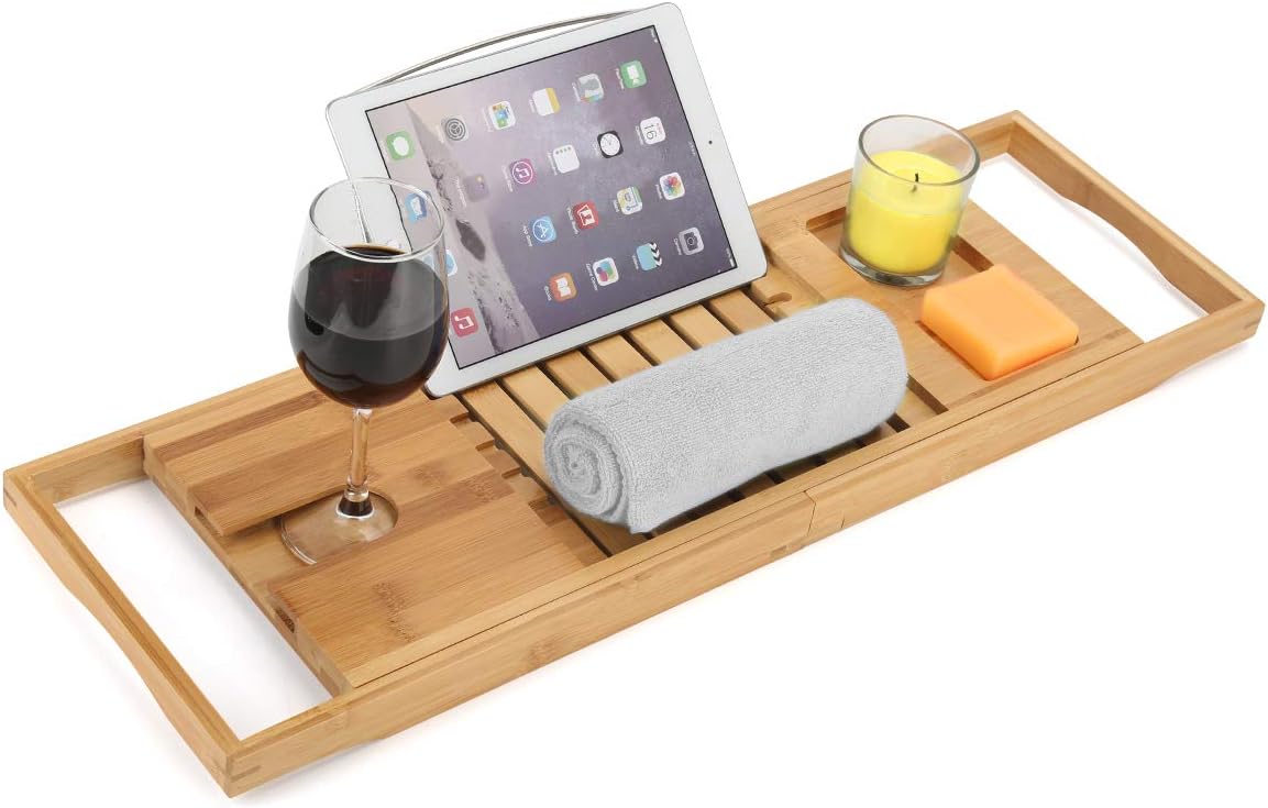Woodluv Extendable Bath Tray, Bathtub Caddy Tray with Wine Glass, Candle, Book Holder, iPad & Phone Holders, Bathroom Accessories - Image 4