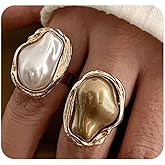 Stringex Pearl Ring for Women Gold Statement Stackable Rings Vintage Baroque Pearl Adjustable Ring Set Trendy Big Knuckle Rings Simple Everyday Jewelry