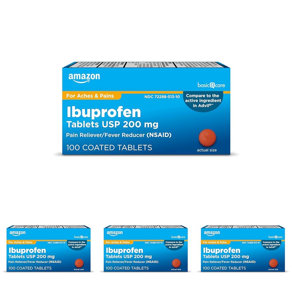 Amazon Basic Care Ibuprofen Tablets 200 mg, Pain Reliever/Fever Reducer, 100 Count (Packaging May Vary) (Pack of 4)