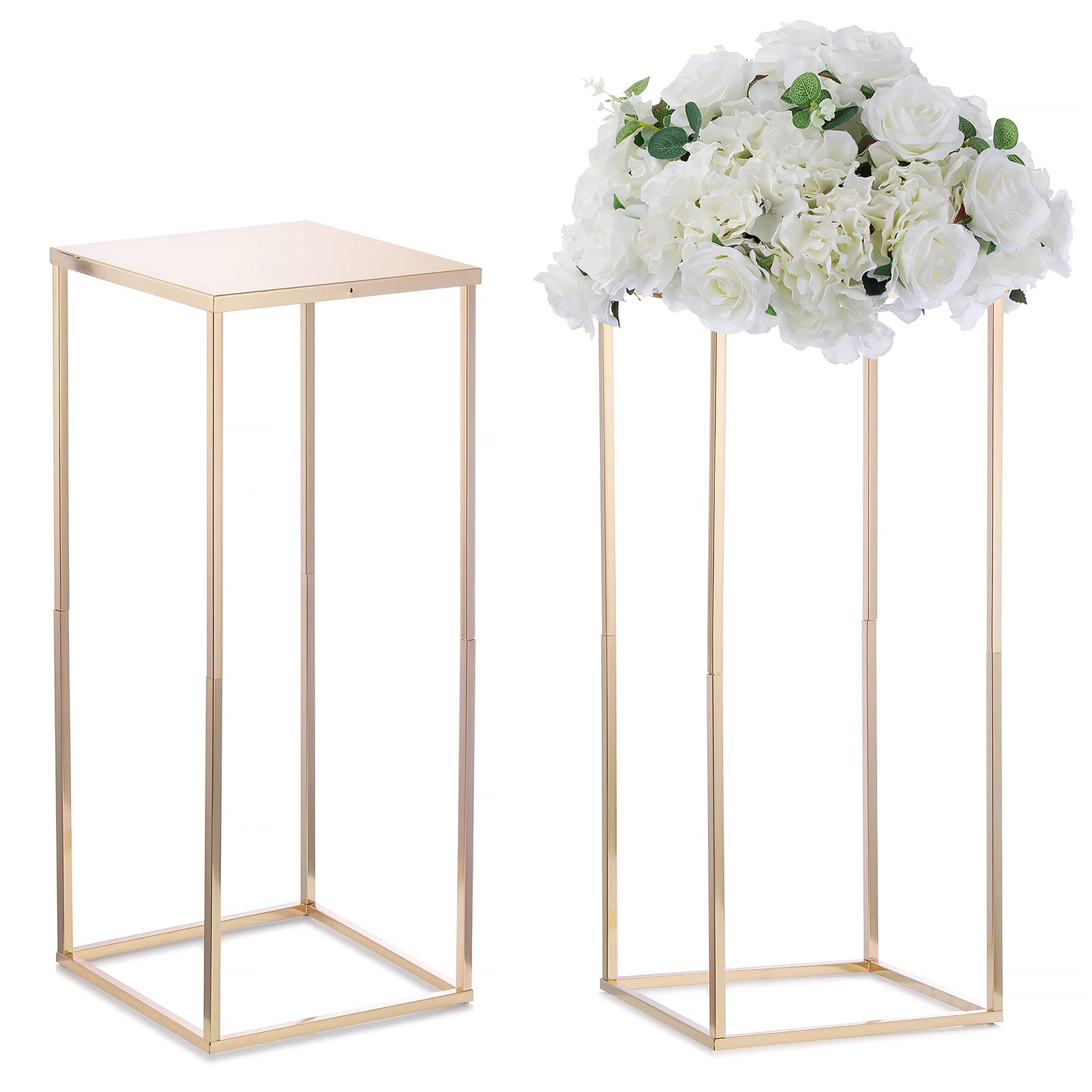 Nuptio Gold Vase for Wedding Centrepieces - 2 Pcs 60cm Tall Flower Stand Metal Floor Vases Column Geometric Centerpiece Stands Rectangular Display Rack for Weddings Birthday Party Decorations