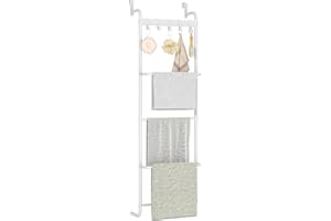 FKUO 5 Tier Over The Door Towel Racks for Bathroom Wet Towel Drying Rack Clothing Storage Holder with Hooks (White, 5 Tier)