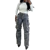 LKOUS Women’s Cargo Baggy Straight Jeans Streetwear Y2K High Waist Wide Leg Denim Pants with Multiple Pockets