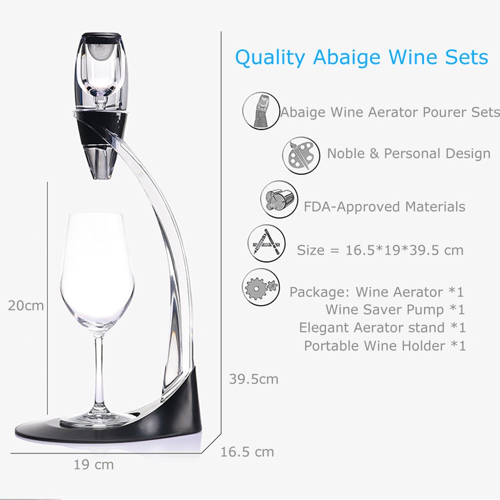 Wine Aerator Pourer Sets Abaige Premium Wind Decanter Including Wine Aerator, Wine Saver Pump, Elegant Aerator stand & Portable Wine Holder