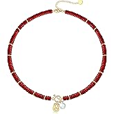 Initial Necklace, Valentines Day Gifts for Her Beaded Necklaces for Women Teen Girl Gifts Trendy Stuff Red Agate Gemstone Summer Necklace with A-Z Stocking Stuffers for Teens Womens Gifts for Christmas Birthday Beach Jewelry