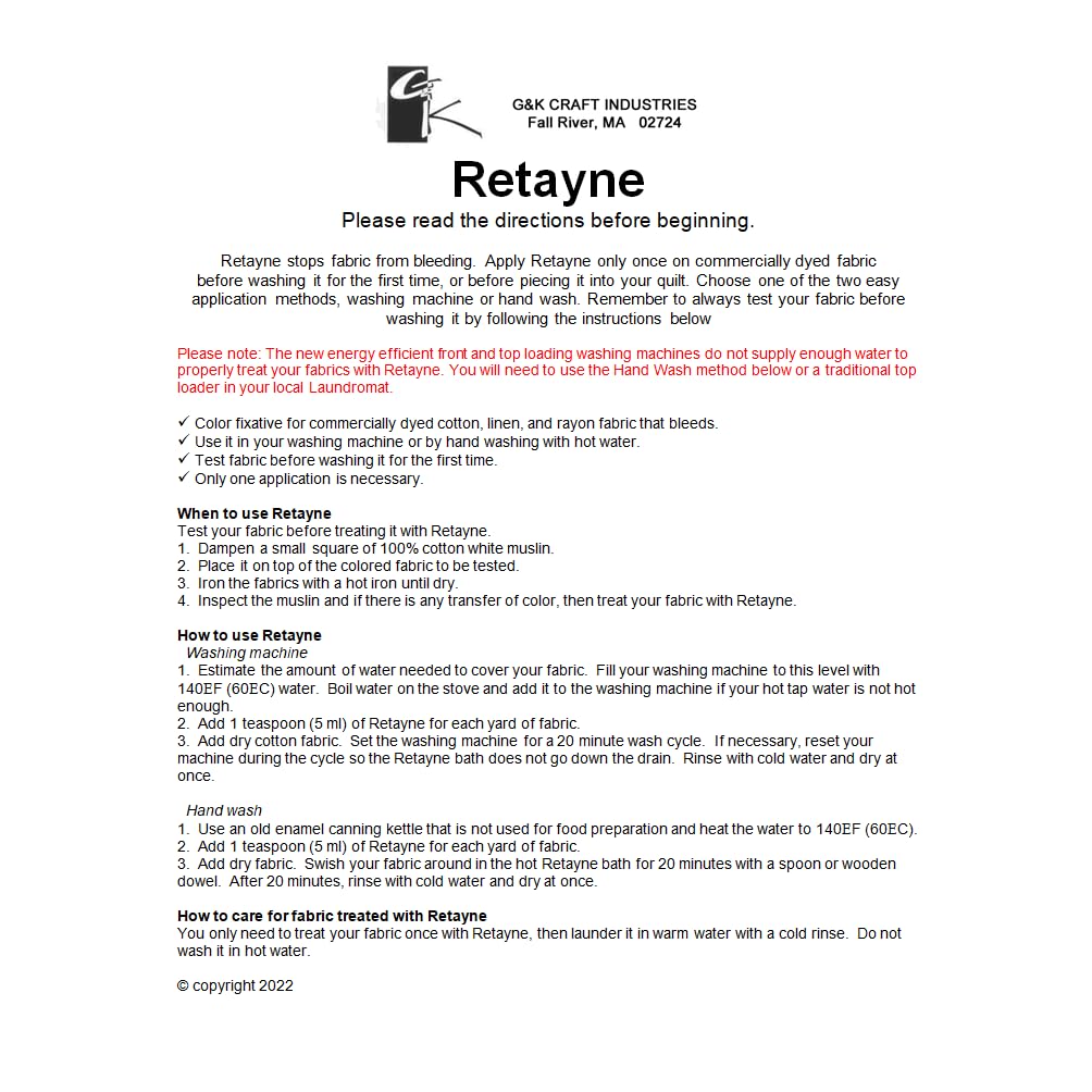 G&K Craft Retayne Color Fixative Original Version 4oz | Best Liquid Color Fixative for Dyed Cotton, Linen and Rayon Fabrics