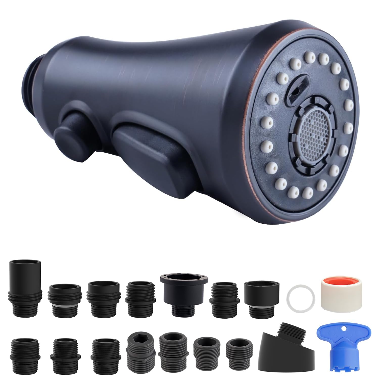 Photo 1 of Hibbent Pull Down Spray Head, NSF/ANSI/CAN 61 & CUPC Certified 3-Function Spray Nozzle, 15 Adapters, Kitchen Sink Faucet Head Replacement Compatible with Moen, Delta, Kohler, Oil-Rubbed Bronze