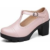 DADAWEN Women's Classic T-Strap Platform Mid-Heel Square Toe Oxfords Dress Shoes
