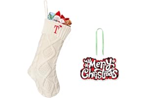 CRSTAFU T Personalized Christmas Stockings, 20 Inch Large Family Embroidered Initials White Knitted Xmas Stocking