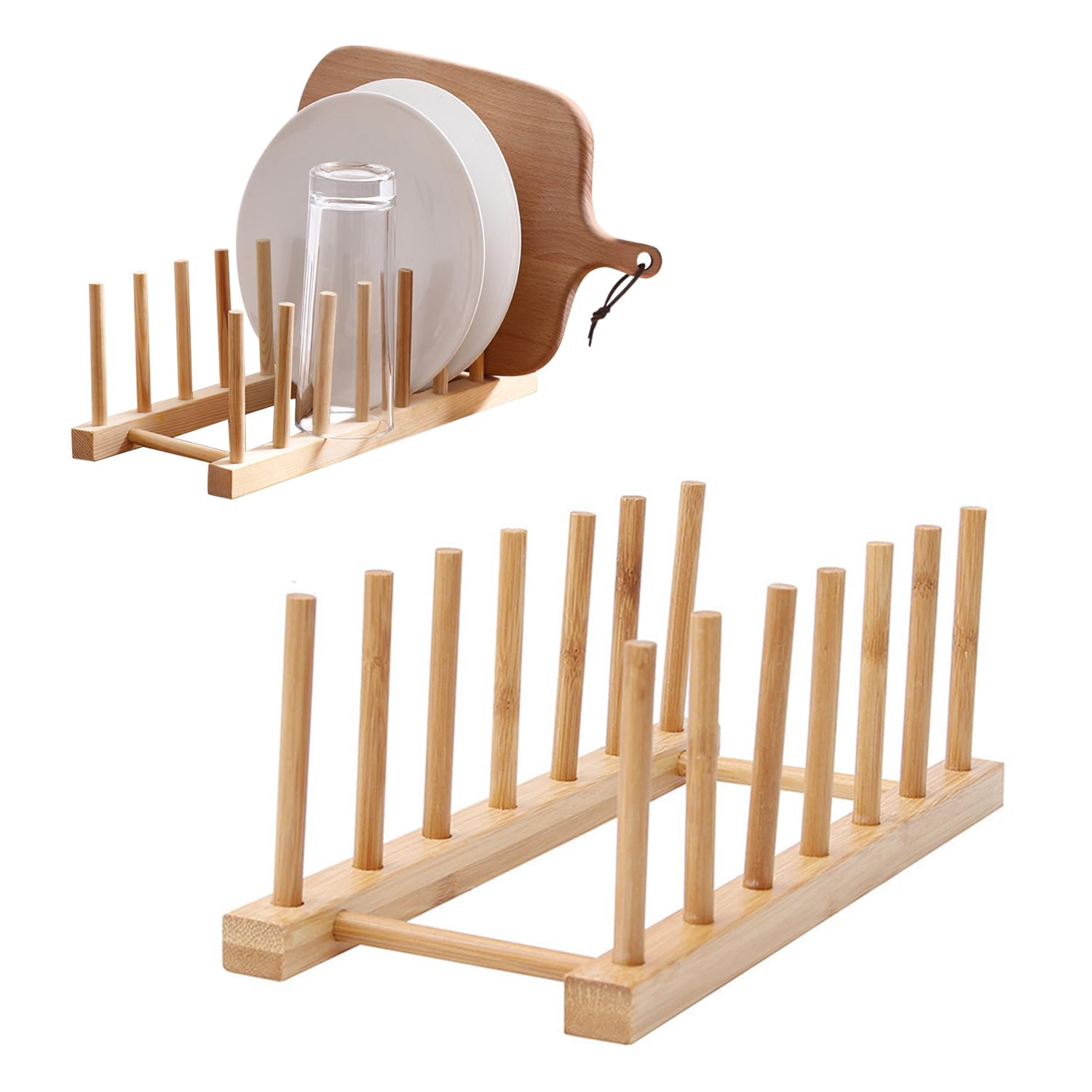 Tissting Plate Rack Wooden 11in Kitchen Dish Drainer Stand with 6 Slots, Chopping Board Storage Tray Holder for Plate, Pot Lid, Glass Cup