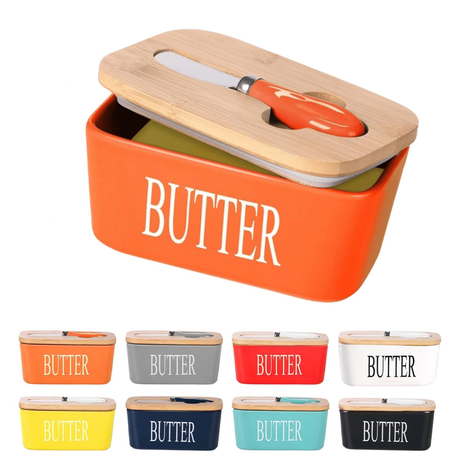 European Porcelain Butter Dish with Wooden Lid and Silicone Seal - Perfect for Nuts, Cheese - 650ml (Orange)