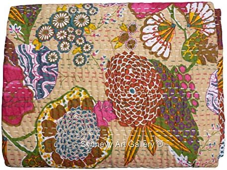 Sydneyy Art Gallery Indian Kantha Quilt, Kantha Bohemian Bedding, Floral Kantha Rallies, Reversible Bedspread / Blanket Modern Home Decor. (Twin Size)
